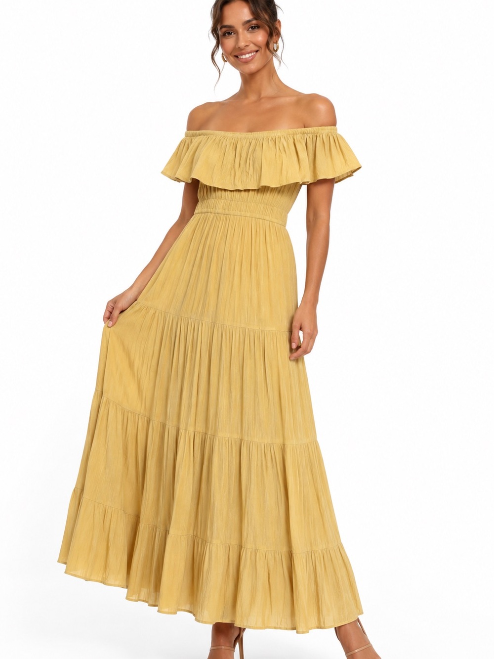 Elan saffron yellow maxi dress, full and tiered skirt, elastic shoulder, Sz S